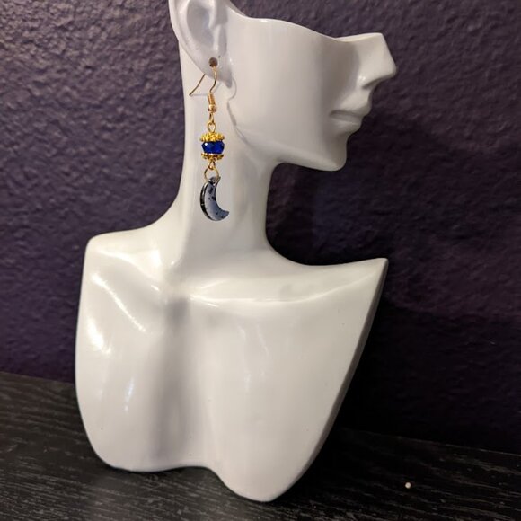 Blue with Cobalt Crescent Moon Earrings - Picture 5 of 6